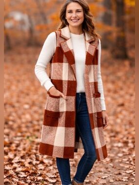 Plaid Long Vest Cardigan Sleeveless Duster Cozy Open Front Colorblock Patchwork